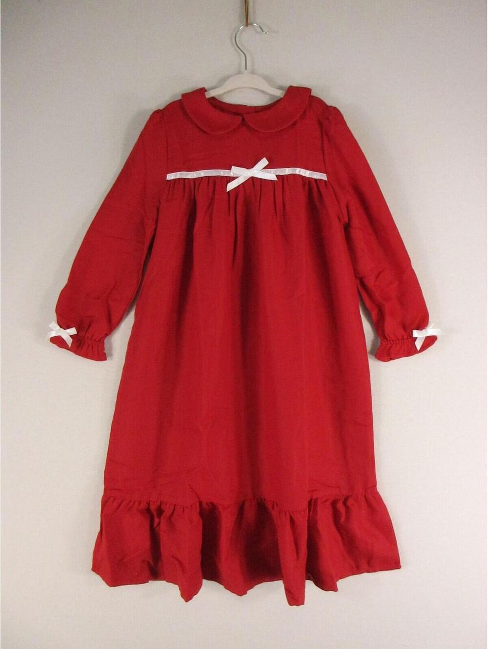 Little English Nightgown Girls 5 Red Long Sleeve Peter Pan Collar Ruffle BowTrim